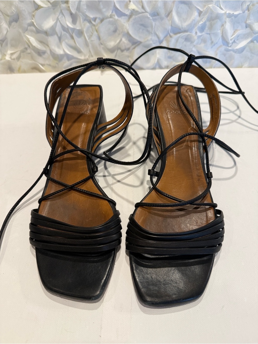 COCLICO Black Leather Strappy Square-Toe Lace-Up Heels